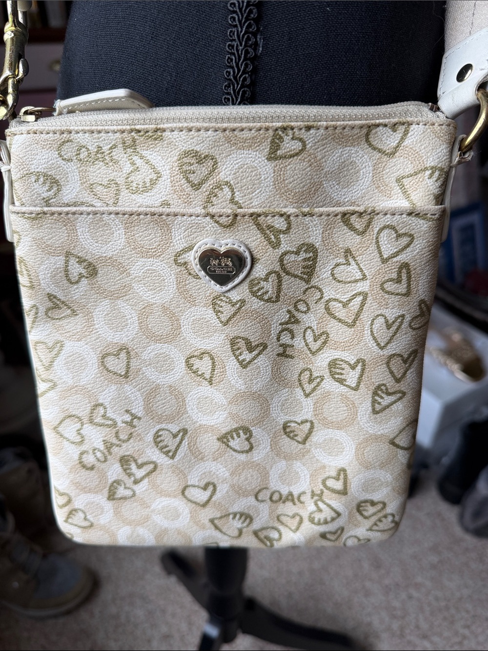 Coach Beige and Gold Heart-Print Crossbody Bag
